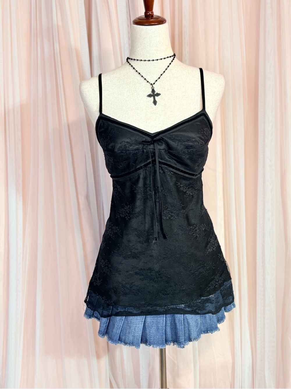George Black Sheer Floral Mesh Cami Lace Hem Velvet Trim Tank Top Size Large
